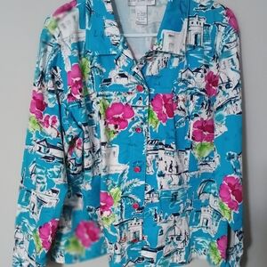 Susan Graver Blue Floral Button Down Shirt/Jacket